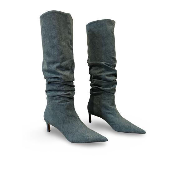 ZARA Slouchy Denim Kitten Heel Boots Size 8.5 – Pointed Toe Mid-Calf Booties - Picture 9 of 10